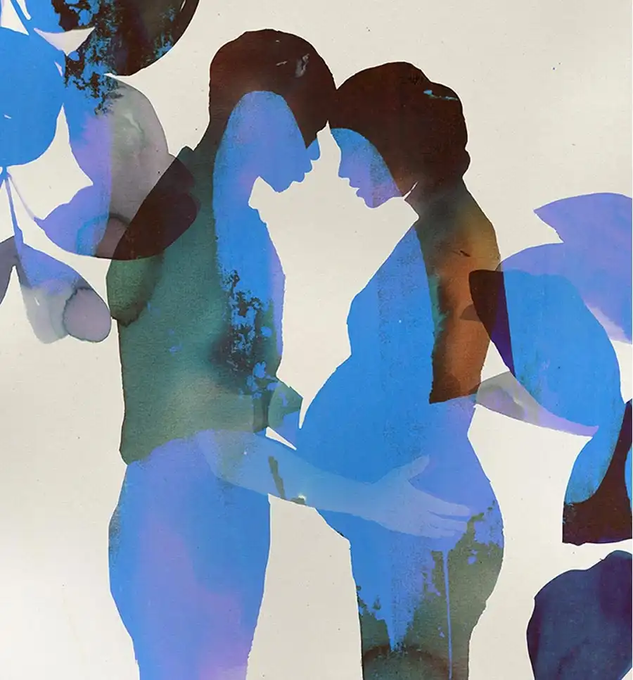 Watercolour of a man placing his hands around a pregnant woman