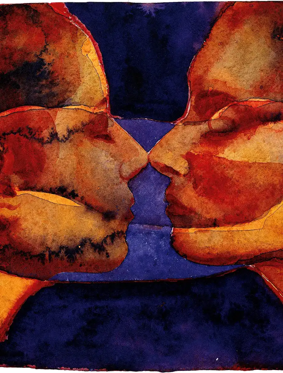 Artwork of two faces with eyes closed